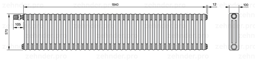 Схема (чертеж) Радиатор Zehnder Charleston 3057/40 №V012 Technoline TL